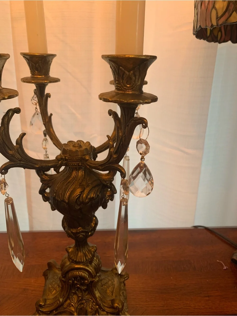 Ornate Brass Four Arm Candelabra Pair in Gold.  Glass tear drops